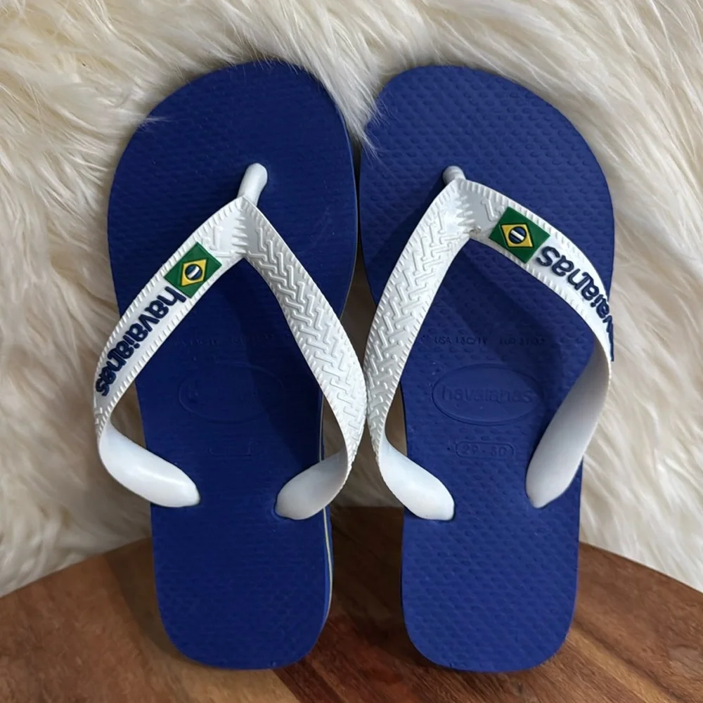 Havaianas Brazil Logo Flip Flops Kids Size 1 Blue White Beach Sandals